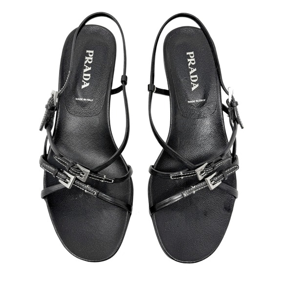 Prada Shoes - Prada Y2K Black Strappy Kitten Heel Sandals Slingback‎ Buckle 37